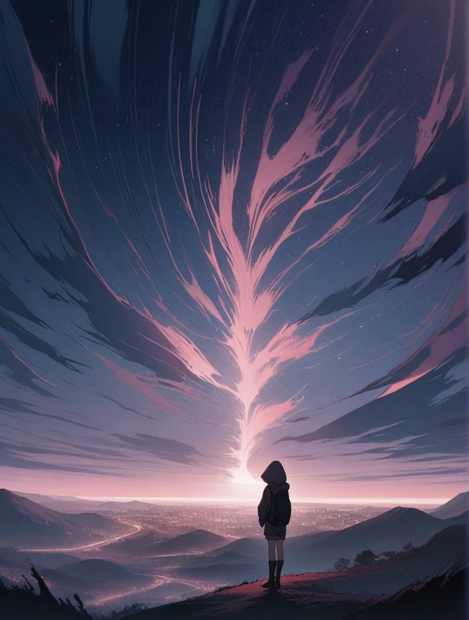 score_9, score_8_up, score_7_up, score_anime, masterpiece, top quality, delicate illustration, sharp lines, sharp focus, BREAK, a traveling girl wandering in the endless night world, the girl wears a hood and has a lot of stuff in her backpack, night , fantastic landscape, beautiful scenery, harmony with nature, spectacular view, space city, (((torn clothes))), (((torn hood))),shorts,boots