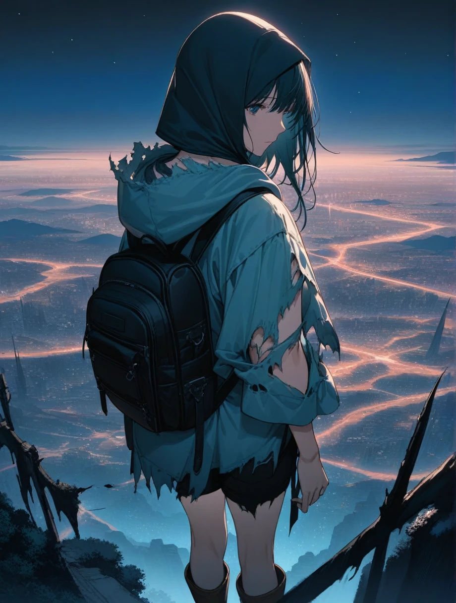 score_9, score_8_up, score_7_up, score_anime, masterpiece, top quality, delicate illustration, sharp lines, sharp focus, BREAK, a traveling girl wandering in the endless night world, the girl wears a hood and has a lot of stuff in her backpack, night , fantastic landscape, beautiful scenery, harmony with nature, spectacular view, space city, (((torn clothes))), (((torn hood))),shorts,boots