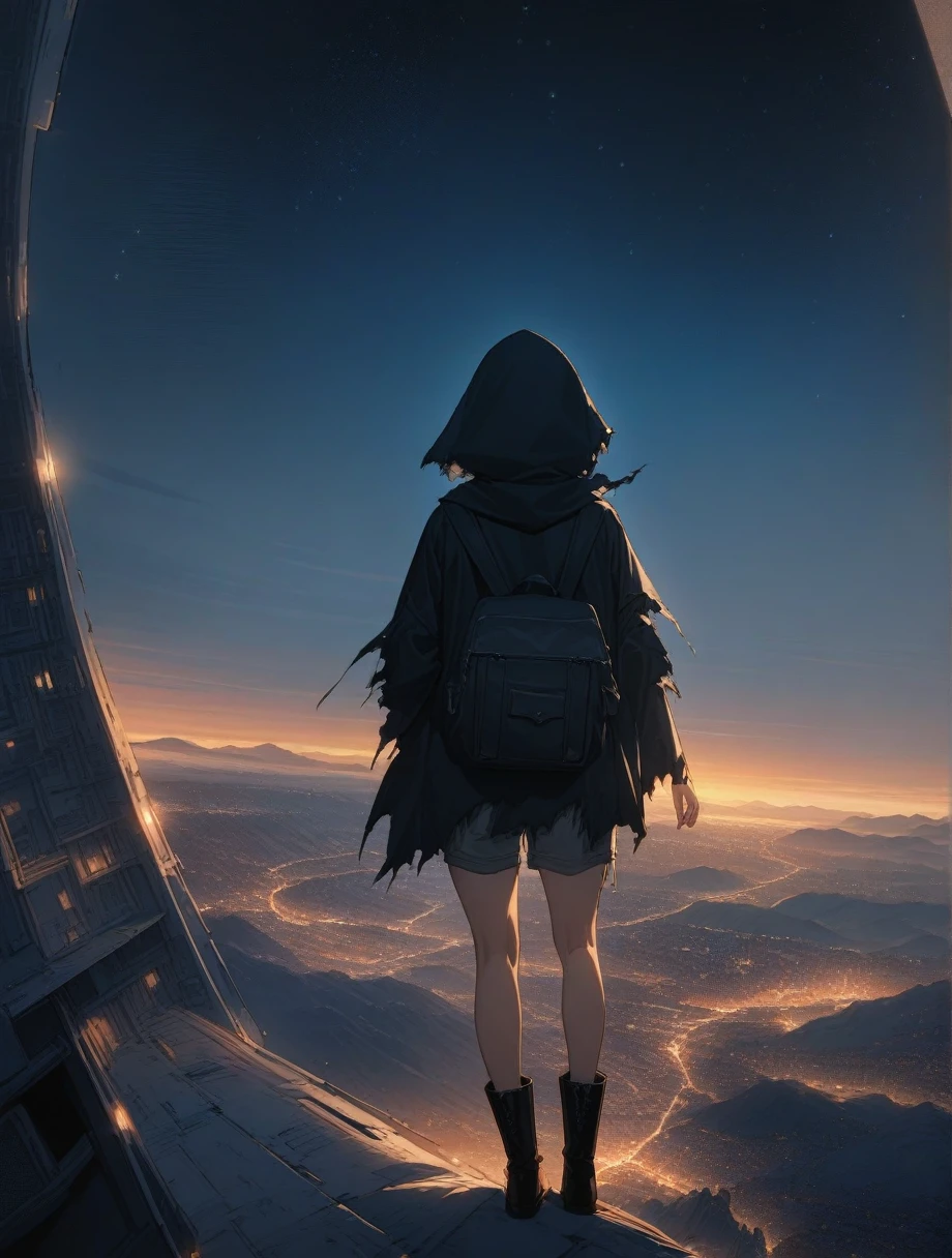 score_9, score_8_up, score_7_up, score_anime, masterpiece, top quality, delicate illustration, sharp lines, sharp focus, BREAK, a traveling girl wandering in the endless night world, the girl wears a hood and has a lot of stuff in her backpack, night , fantastic landscape, beautiful scenery, harmony with nature, spectacular view, space city, (((torn clothes))), (((torn hood))),shorts,boots