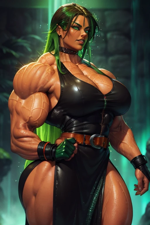 ((Close-up)), tall, ((wet green hair)) beautiful muscular woman, long curvy hair, (sparkly sweating brown skinned), (closed smile), huge breast, (black lipstick), (massive muscles), (hyper muscle), (((ginormous bulky muscles))), ((glowing orange eyes)), (((black leather dress with belt))), fingerless gloves, choker, in a dark waterfall