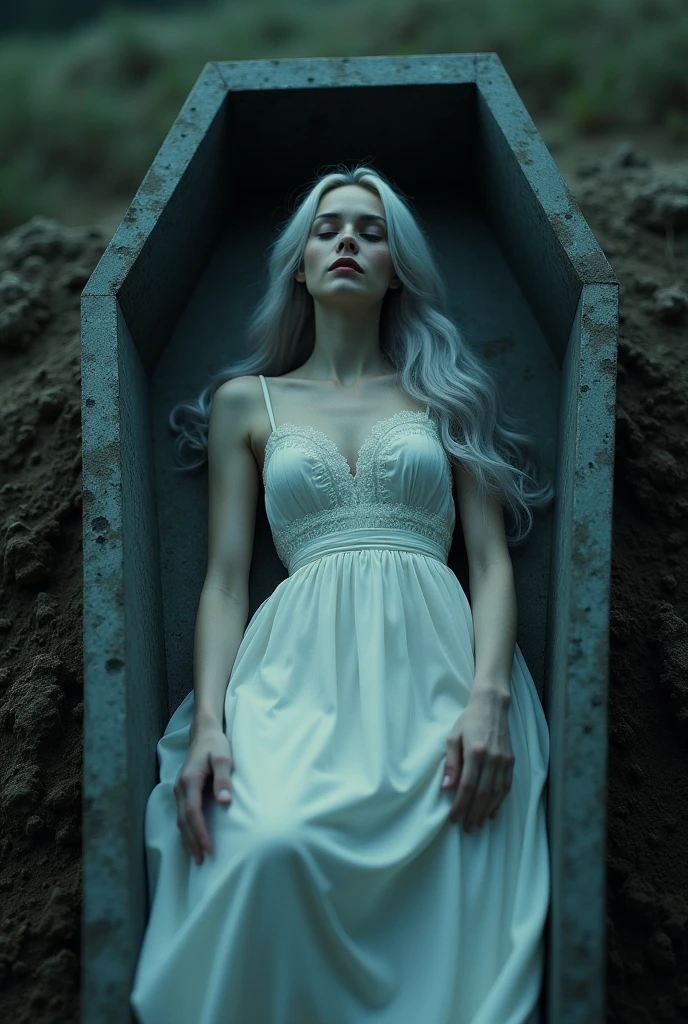 A woman with open eyes in a coffin inside the grave silver hair white dress 