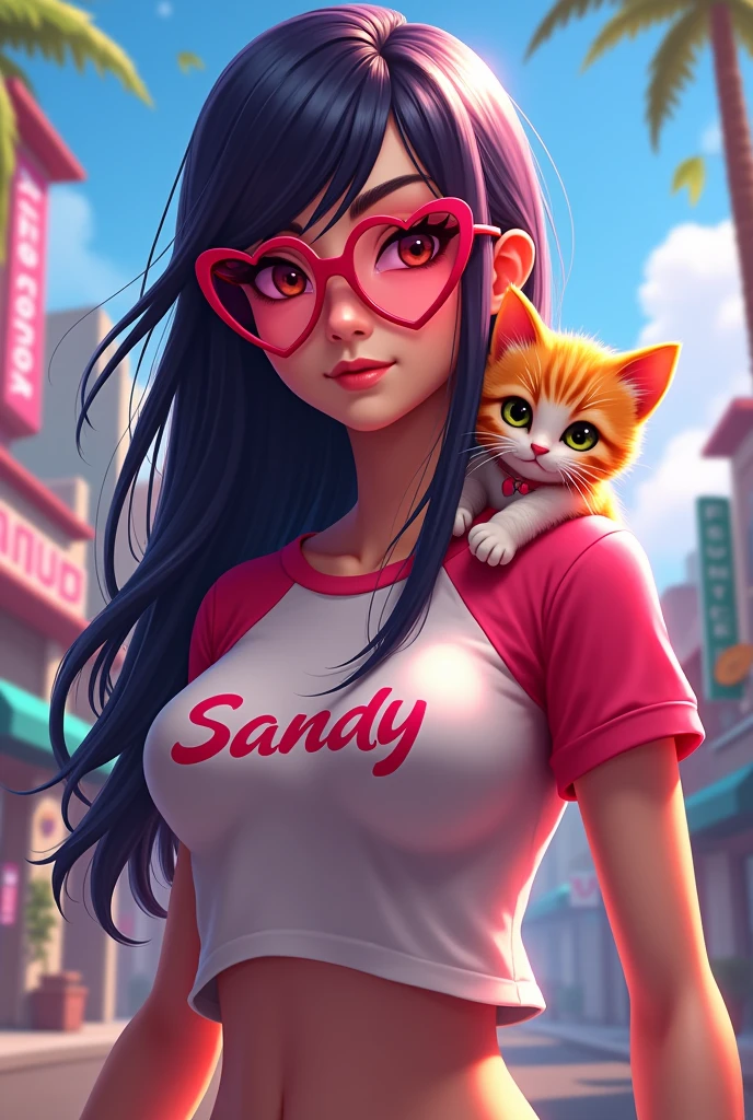 Free Fire game style female character, with long hair and heart shaped glasses, with a kitten on the shoulder, t-shirt with name SANDY written on it  