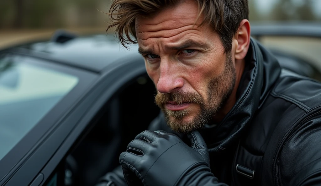 Close-up of Marcus, a rugged man in his 30s, adjusting his black leather racing gloves beside his sleek, black sports car. His eyes are focused, filled with determination