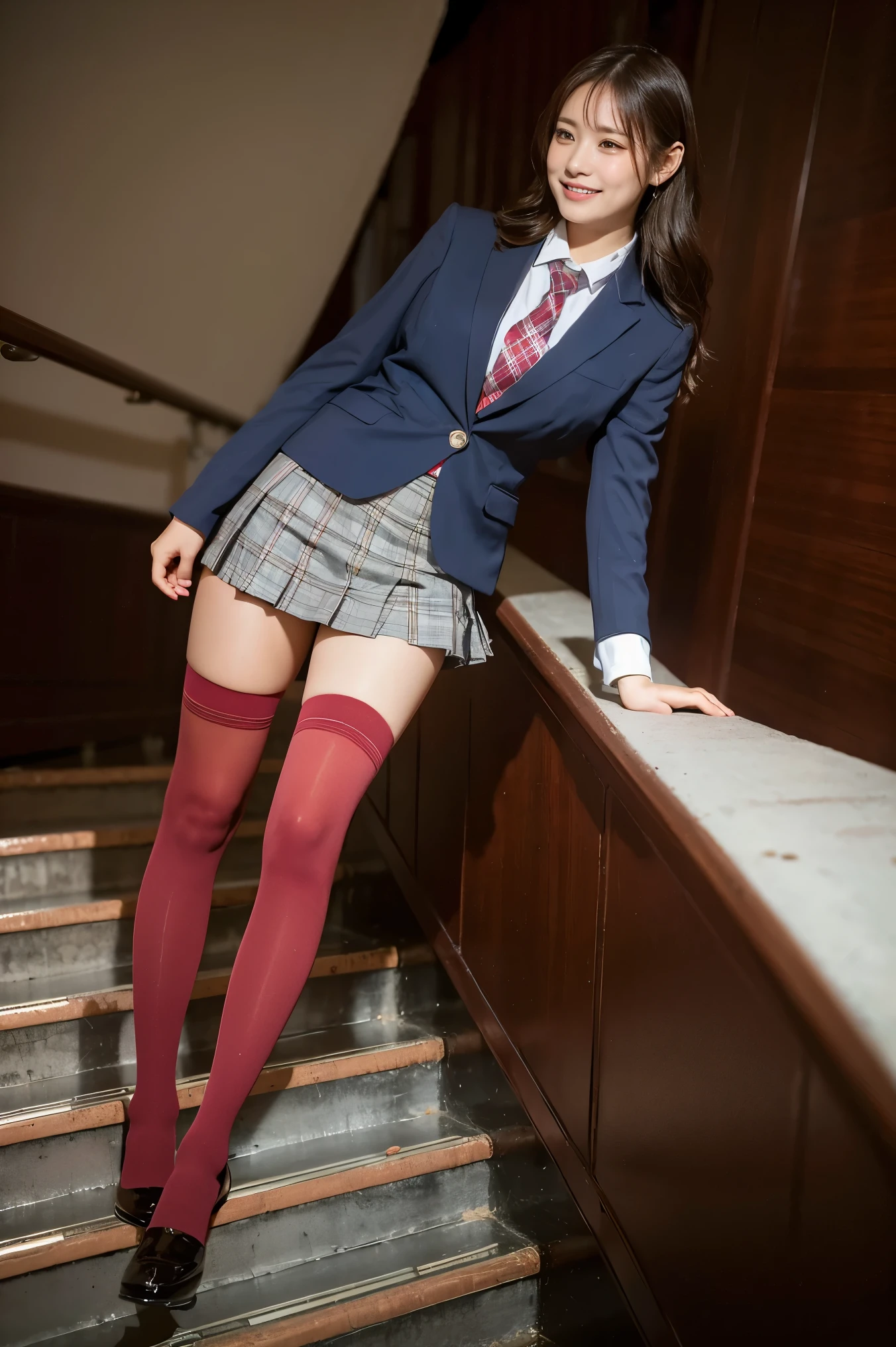 (8k), (highest quality: 1.2), (Realistic), (Realistic: 1.37), Ultra-high resolution, 3 girl, cute, (Embarrassed smile:1.2), (Blushing:1.4),Mouth closed, Beautiful details, Beautiful Nose, white gold straight Hair, giant dulcefo, pork, Thighs,Navel exposed,University Student Uniform,A simple blazer,Pleated skirt,(The skirt and tie are tartan check pattern.:1.3), (standing on a street:1.2),(Shiny Thighs:1.4), (medium shot :1.2),(low angle:1.3), (dark red high socks:1.2),(Coming down the stairs:1.3)