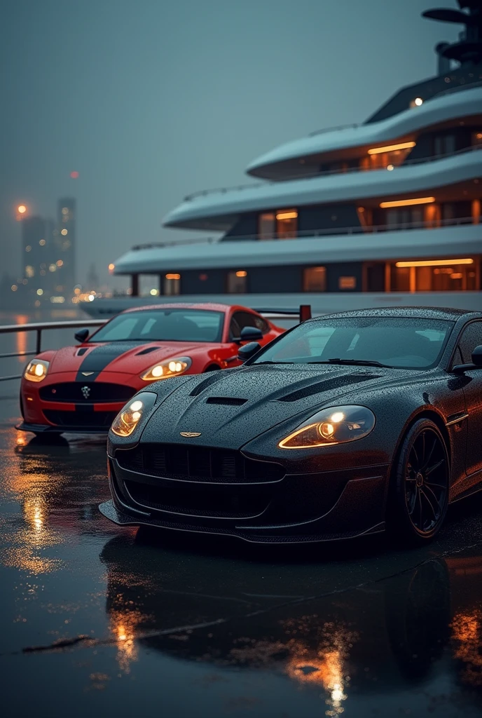 Dodge Challenger and Porsche GT3 RS on a luxury yacht, city in the background blurred, luz outfit, at night, that looks real, without people, facing both, Photo 3/4, with little rain, complete