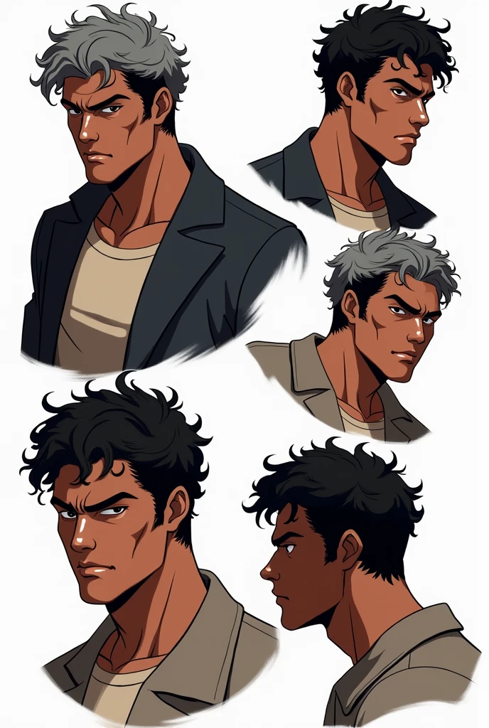 Profile image of an adult man named Michael Saldanha. He has deep black skin, short curly black hair with gray at the temples, and dark brown eyes with a sharp expression. His build is athletic and well-defined. The style should mix 1980s comic book art with 1980s anime, showing him in a confident pose. The background should be transparent, Different angles, character sheet, white background --3:2 aspect ratio, different poses