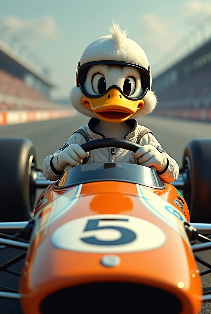 IndyCar driver duck in a McLaren fanatic car with the number 5 on the car 