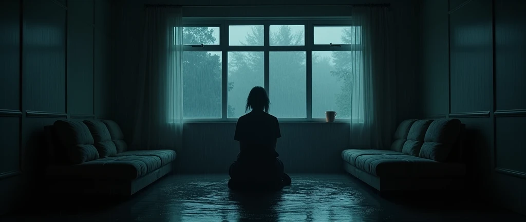Quiet room, night, rain outside, no one