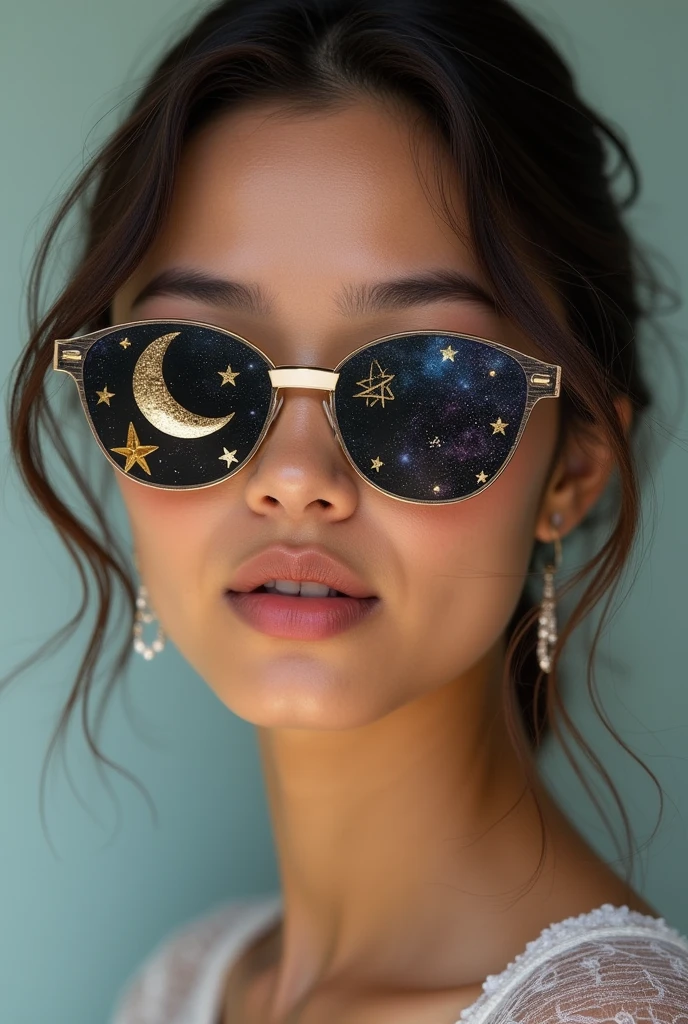 The model is wearing glass sunglasses with stars and the moon on the glass