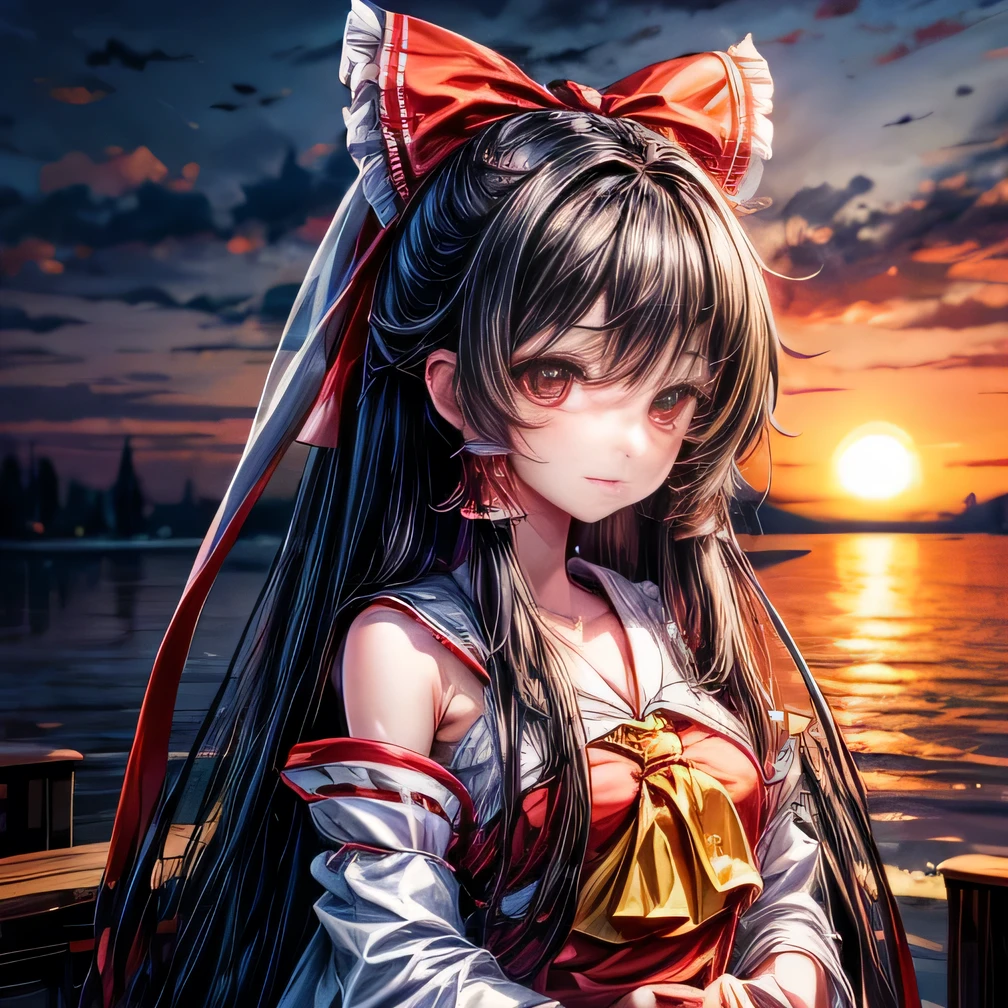 Oriental Project　Reimu　beautiful girl　Long black hair 　　　shrine　sunset　