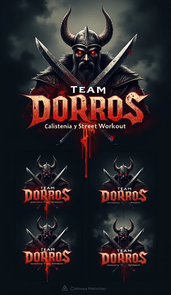 I want you to create a typical logo for an elite calisthenics athlete team..
To detail the idea The Logo Should have a Viking helmet with 2 swords in front of it in X, The background will be like a dungeon of the underworld, dark and with flames that express lament, anger and fear.
With the words of "Team Dorios" In front of the logo, Big Letters With That Inspire Respect And Inspiration.
And in the lower part of the image I want you to put the words "Calistenia Y Street Workout" With Radiant Matte Colors, That Generate Respect, Motivation and Inspiration"
And finally create 4 different images to compare them with each other please thank you :D