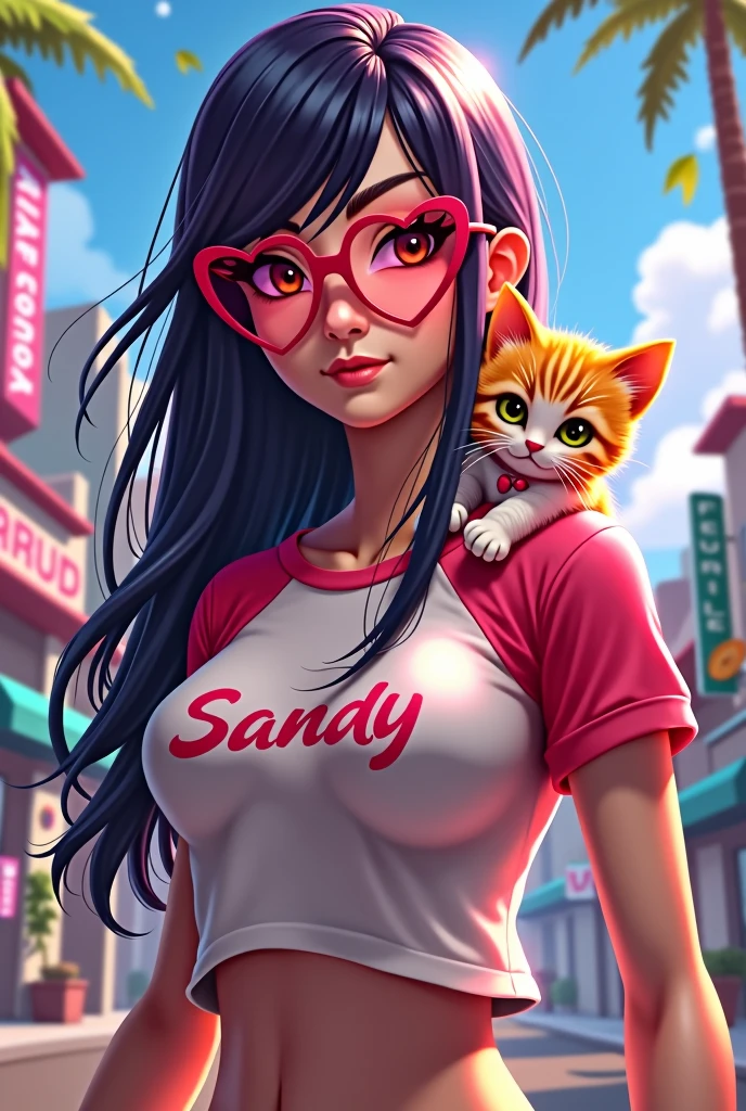 Free Fire game style female character, with long hair and heart shaped glasses, with a kitten on the shoulder, t-shirt with name SANDY written on it