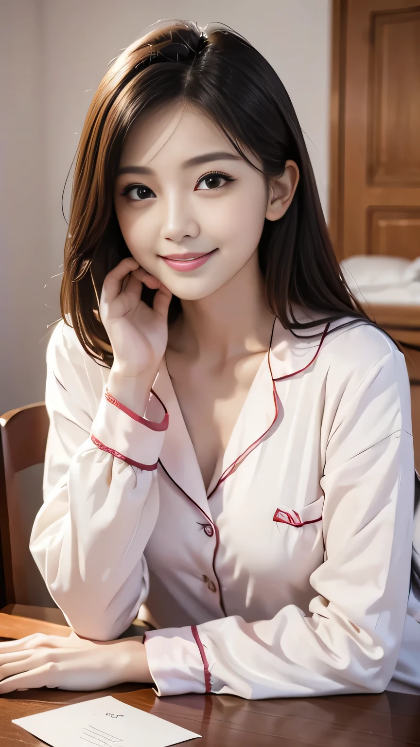 Masterpiece、Highest quality、8k、Mirror on the desk、Raw photo、Professional photos、Portrait、Soft Light、Professional Lighting、smile、cute、Girly、goddess、Delicate、Pure beauty、Oversized pajamas、Upper Body、Digital SLR、Sophisticated、Film Grain、