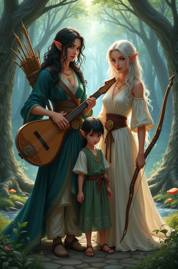 Image of a bard mother and an elf hunter father with a black-haired, gray-eyed elf child. Magical era. Semi-realistic, almost anime style.