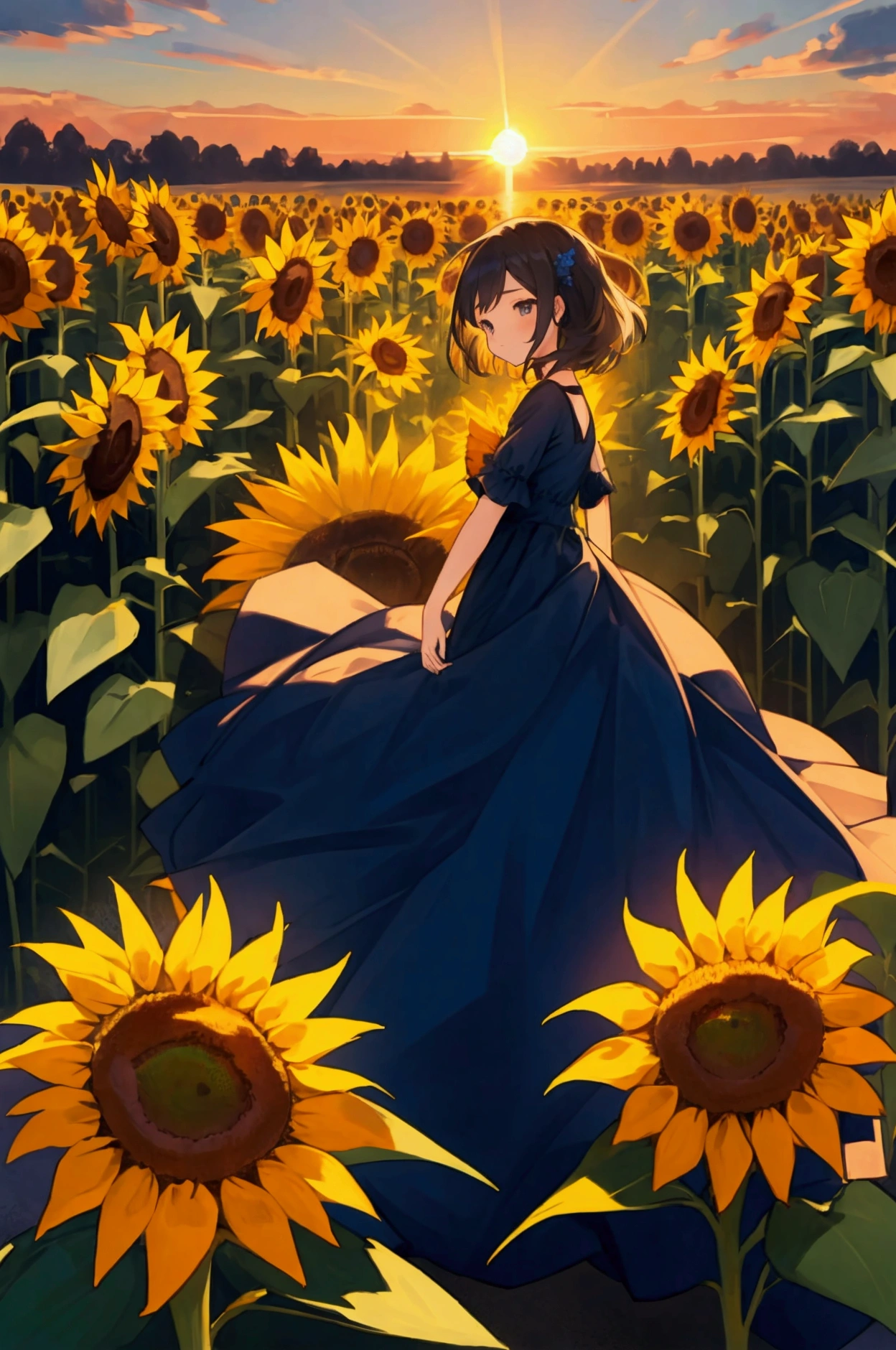 girl in blue dress, in a field of sunflowers, Sunset, Cartoon, Whole body