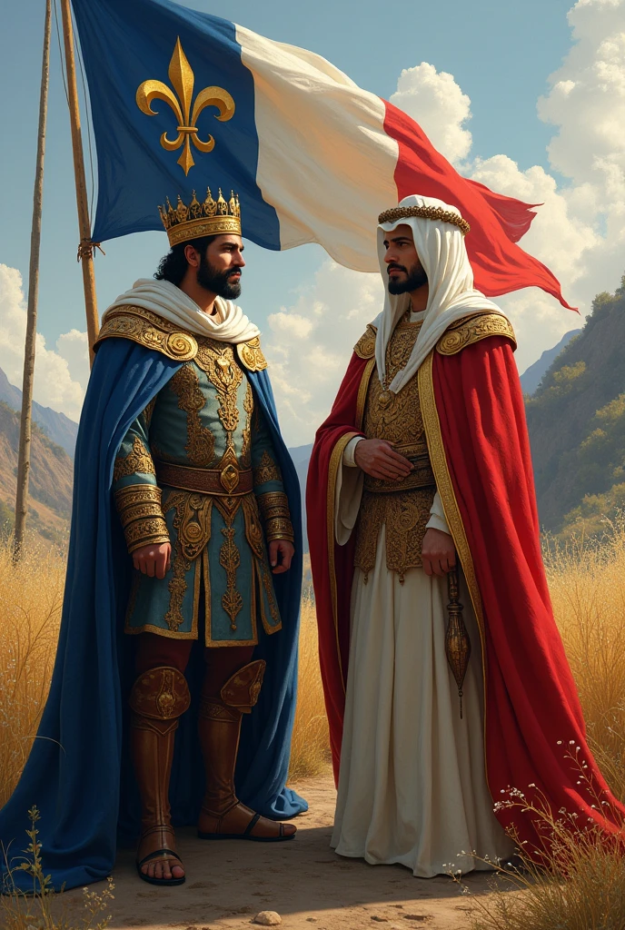 King Saint Louis at war, imaginary landscape of France flag with a golden lily making an alliance with an Arab Muslim king 
