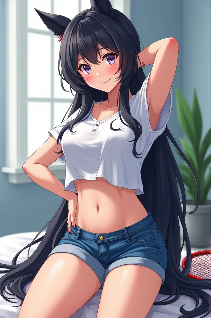 ultra detailed,women,anime,clear skin,belly button,breasts,big ones, Whole body, smile,black fur,casual shirt,denim shorts,exposed leg,tennis, room with white lighting,left hand on waist,right hand behind the neck,looking at the viewer