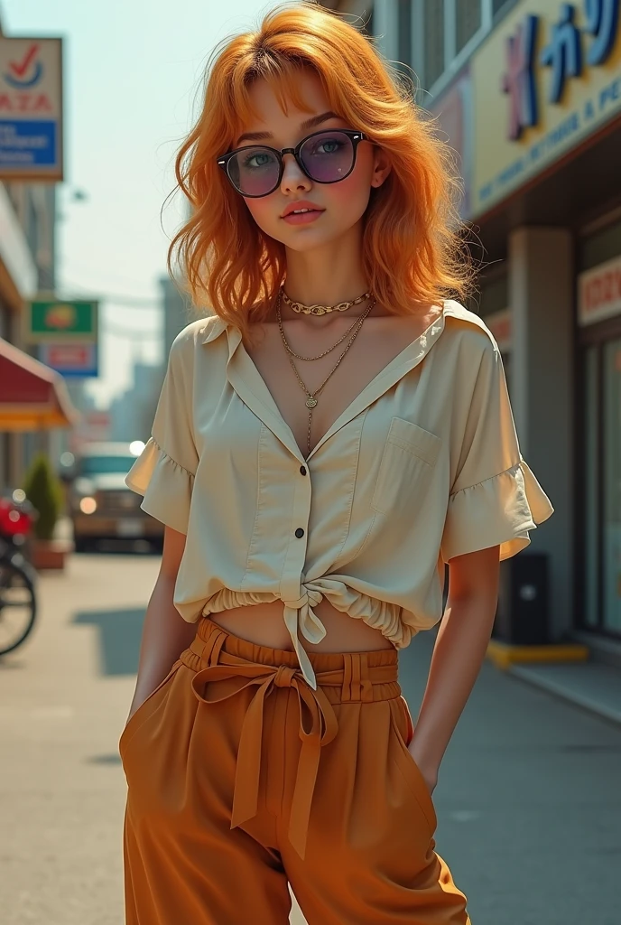 Girl with glasses with amber mullet haircut wearing glasses with long loose pants and a blouse