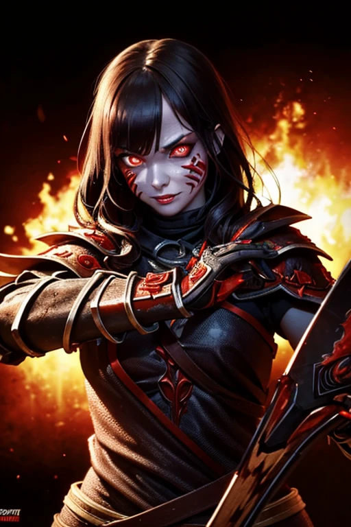 girl, Rotten Zombie Warrior, Evil look, sexy,  Wield a spear, Demon Armor, Face Paint, Body Paint, Red glowing eyes, Combat Stance, Vibrant appearance, Creative Action, Imaginative, Sensual, Voluntary, Highest quality, Skin Texture, Intricate details, (Cinema Lighting), RAW Photos, 8k