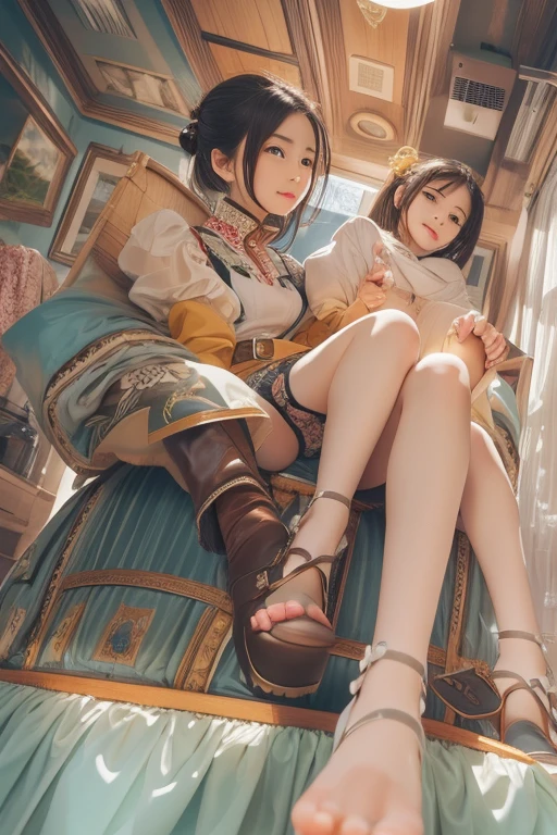 Highest quality,Ultra-wide angle composition、 girl (woman on top) Saddle a man's stomach (Sit on my lap) (straddle your stomach)