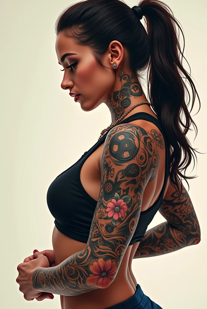 Give me a picture of possible female tattoos from the shoulder to the fingers of the hand that represent the love of the gym