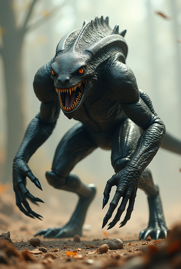Here I propose some characteristics for a 4-legged alien creature:

Physical appearance:
- Elongated and muscular body, similar to a feline or reptile - Large, rounded head, with large, piercing eyes - Powerful jaw with sharp teeth and prominent fangs - Long, robust legs ending in curved, sharp claws - Scaly skin or armored exoskeleton, in dark or metallic tones - Long, flexible tail that can be used as a weapon or for balance Skills and behavior:
- Moves with great agility and speed, able to run, jumping and climbing - Sharp senses that allow it to detect its prey from a distance - Aggressive and territorial temperament, attacks without apparent provocation - Hunts in packs or alone, depending on the situation - Possesses advanced intelligence, able to use simple tools - Emits guttural sounds and screeches that can paralyze its victims - Resistant to damage, with a skin or shell that protects it from attacks - It feeds on other creatures, I hope these features help you in instruct the image AI to create a striking visual representation of this 4-legged alien creature.. Let me know if you need anything else!