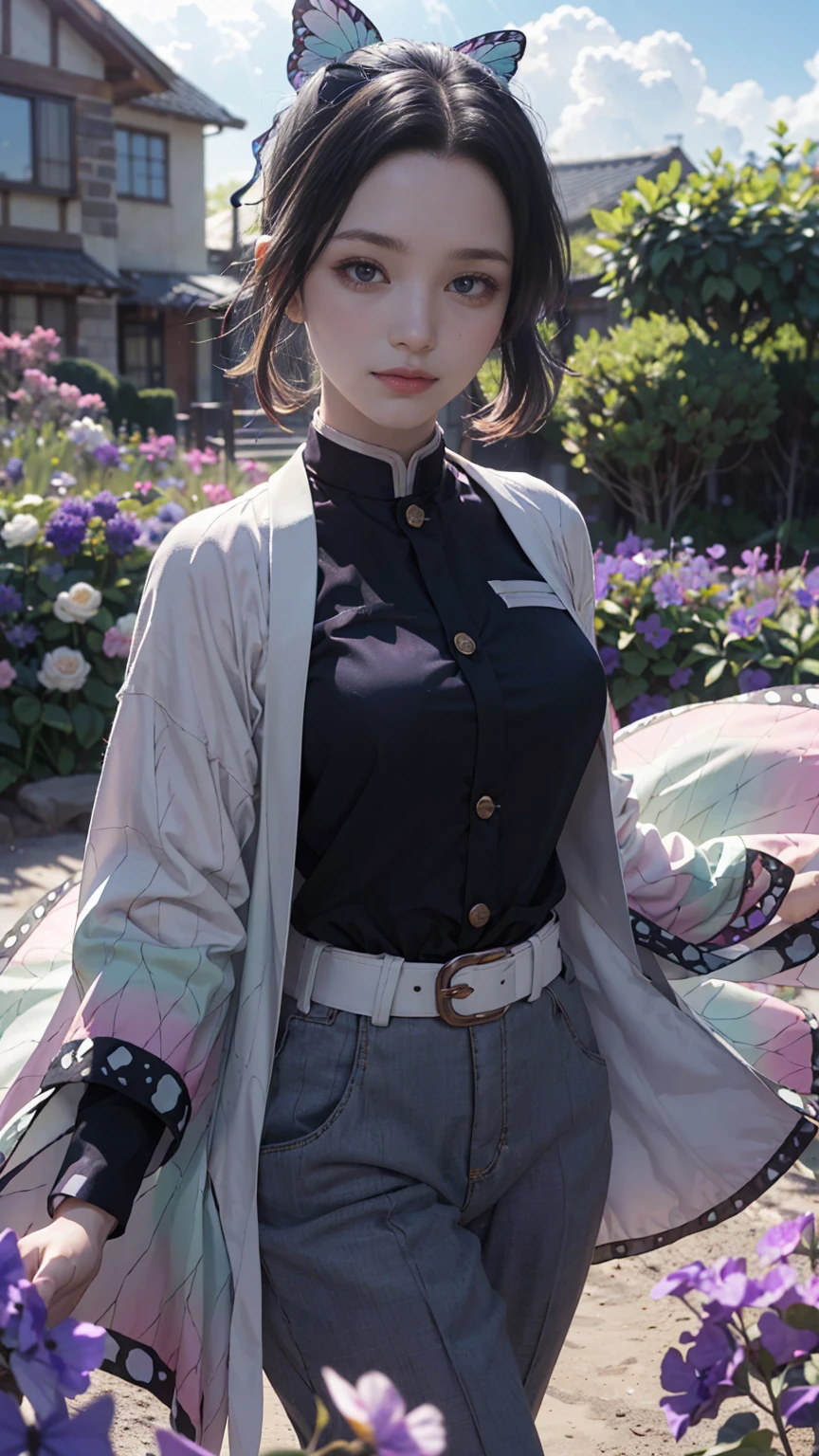 Ultra-realistic 8K CG, masterpiece, close, from the front, from the front, face sticking out, (Highly detailed background, Delicate pattern, Intricate details)), high quality, highly detailed face, Highly detailed eyes and face, Highly detailed eyes, Shinobi, Multicolored Hair, No bangs, Hair Intake, Purple eyes, amount, Black Shirt, Black trousers (Haori, butterfly, button, belt, (garden: 1.2), Purple Flower, Little, cloudy null, sunlight, Tyndall effect, Slope_null, face, gorgeous null, Waist sword,