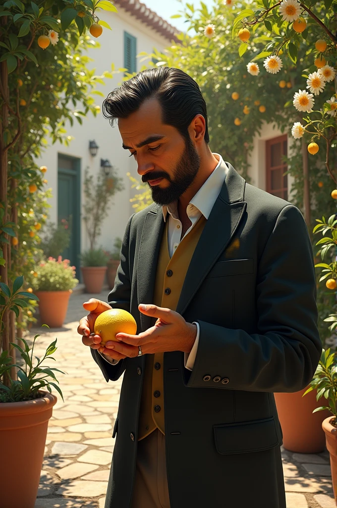 Hyperrealistic image of Federico García Lorca in a Mediterranean garden, picking up a lemon with your hand 