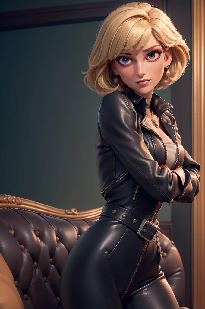 obra prima, melhor qualidade, ((only one woman,)) (((princess diana, dark tan skin, skinny face, high cheekbones, prominent beak nose, heavy vamp makeup eye shadow, short blonde bob hair with bangs,))) ((wearing thigh length black metallic leather jacket,)) ((jacket is zipped up, jacket covers waist and ass,)) ((jacket has stiff high collar,)) ((leather dress,)) (leather gloves,) body is very skinny, (((behind couch,))) ((wiggle hips, her arms are folded, her back is arched, her shoulders lean way back, head tilted way back,)) ((camera front view of body, extreme closeup view of upper body,)) deep depth of field, highres, HD, 8k, anatomically correct
