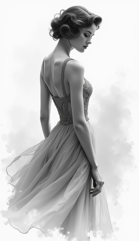 8K quality, watercolor painting, stylish design a black and white photo of a woman in a dress, a portrait by George Hurrell, flickr, art nouveau, old hollywood, portrait of paulette goddard, susan hayward, 1940s, 1 9 4 0 s, circa 1940s, gorgeous beautiful, elizabeth taylor, like rolf armstrong style, 1930s
