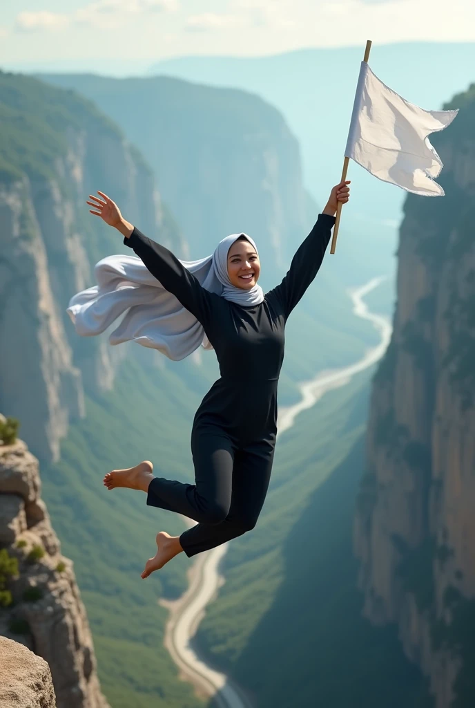 A asian woman with long hijab flowing wearing long black overall jeans sporty, holding a white flag in right hand, jump free fall on the edge of a steep and terrifying cliff, face Smilling looking at the camera