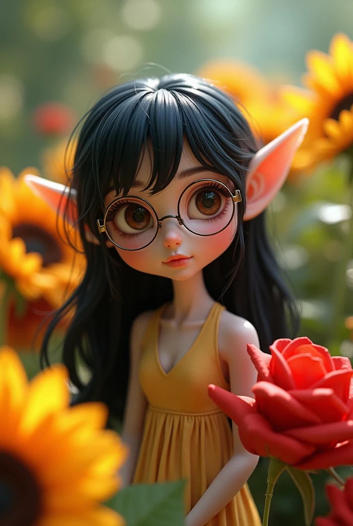 Beautiful little anime pixie with glasses, long black hair, elvish features, bouquet of sunflower and red roses, bright colors, smiling, 8k quality, cinematic focus, closed eyes