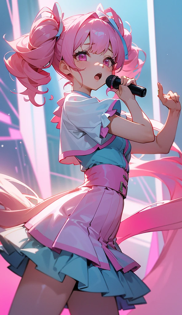 Pink Eyes、With very light, light, light twin tails、The height is medium。Pink hair with curly hair and light blue inner color。
This girl is dressed as an idol and singing. It has a sad atmosphere.