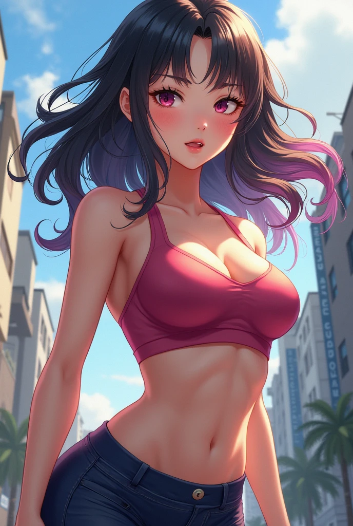 ((masterpiece)), ((Highest quality)), (Beautiful Japanese girl portrait), Eye for perfect detail, Face in perfect detail, Very elaborate nose, Open your mouth, ((Perfect muscle)), Perfect Teeth, A well-defined body, Tight clothing that shows the lines of the body, Charm, Perfect Face, Dimples on cheeks, Depth of written boundary, High resolution, ((Incredibly realistic skin texture)), (Well-proportioned hands), Thin lips, Random color hair, Floating multicolored hair, Narrow waist, Big City Background