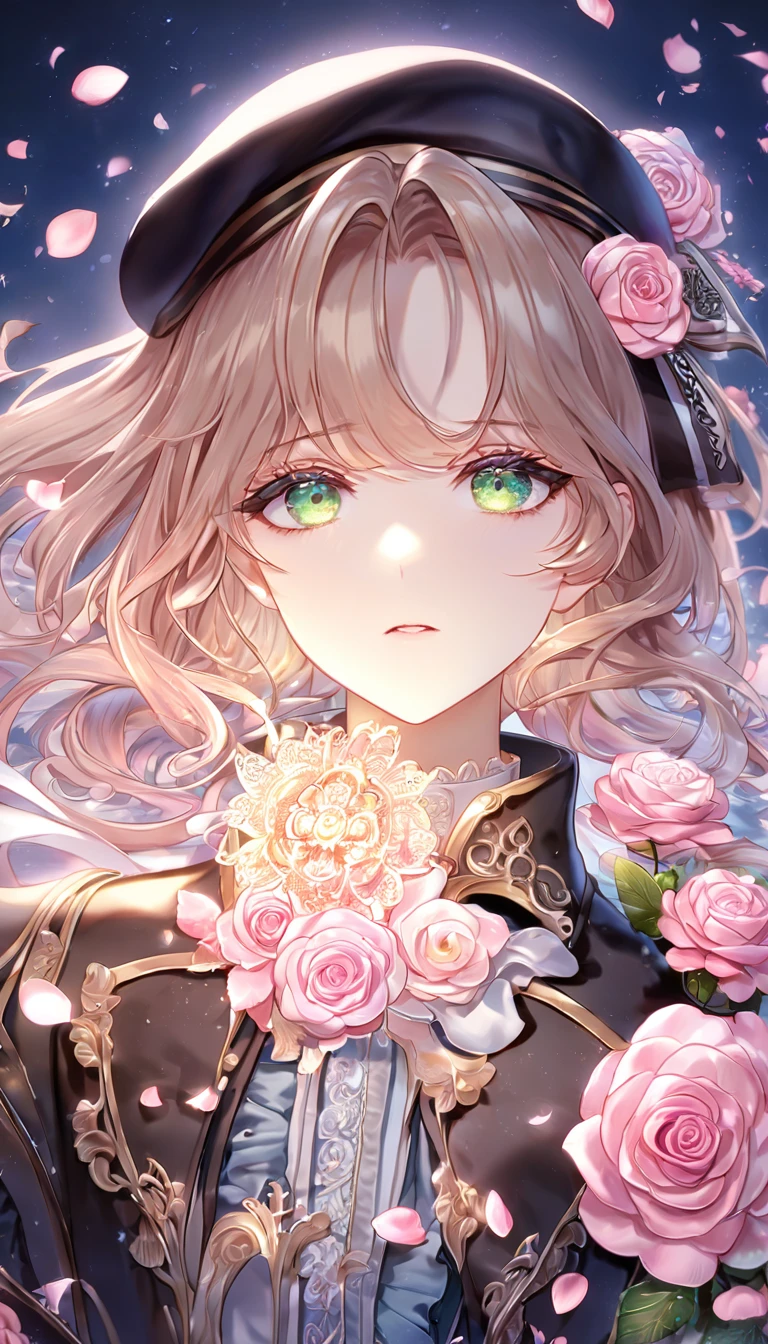 absurdres, highres, ultra detailed, HDR, master piece, Heroine, light brown hair, middle-lenght hair, expressive light green eyes, black beret, black coat, light blue dress, pink rose at the side of her head, Amnesia Memories, woman, handsome, best quality, pink blossoms, pink petals, pink flowers, fantasy, magical, pink shining fireflies, solo, water, extremely beautiful