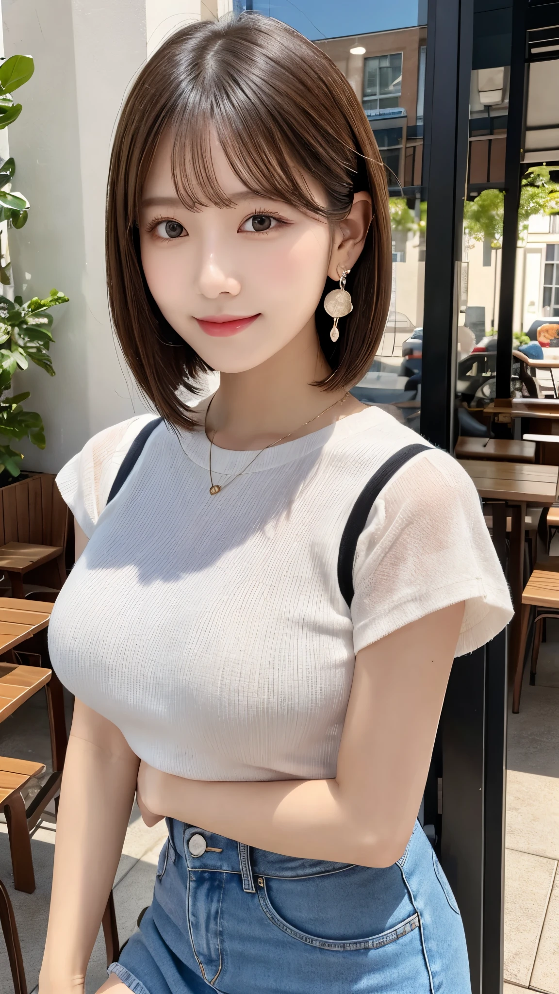 (Ultra high quality, photorealistic, highly detailed, high resolution), finely textured hair and clothing, anatomically accurate, aesthetically balanced,
BREAK
(A beautiful young woman),
BREAK
Exquisitely detailed face, natural makeup, captivating eyes, symmetric features, light brown eyes, double eyelids, finely shaped eyebrows, glossy lips,
BREAK
Short bob haircut, dark brown hair, bangs,
BREAK
Alluring smile, subtle blush,
BREAK
graceful and perfectly proportioned female form, elegant hands, highly detailed and realistic fair skin, large breasts:1.3,
BREAK
(Short-sleeved shirt, Mini skirt, Earrings),
BREAK
sitting outdoors at a cafe, Looking at viewer,
BREAK
Cafes around town, summer atmosphere.