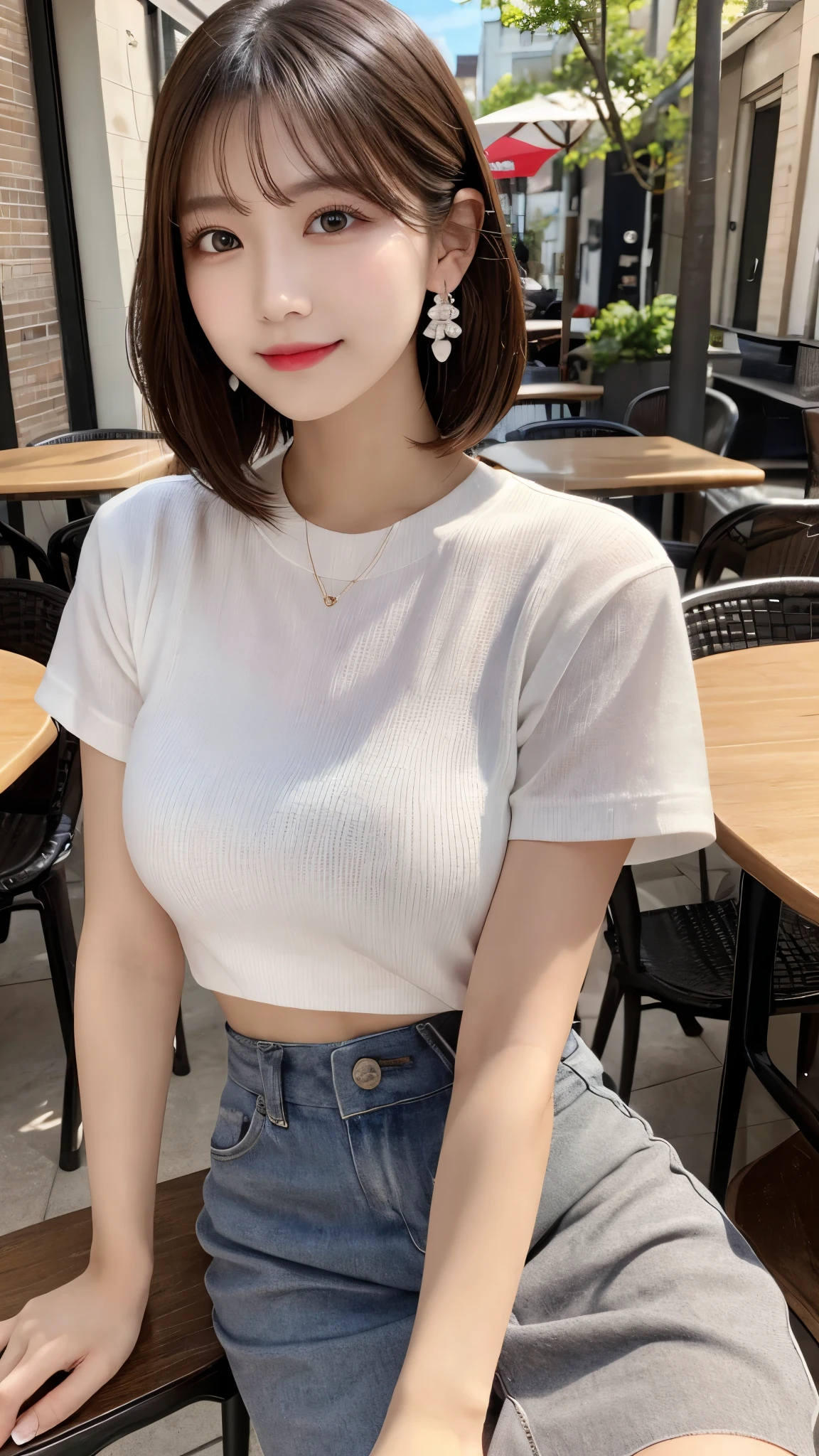(Ultra high quality, photorealistic, highly detailed, high resolution), finely textured hair and clothing, anatomically accurate, aesthetically balanced,
BREAK
(A beautiful young woman),
BREAK
Exquisitely detailed face, natural makeup, captivating eyes, symmetric features, light brown eyes, double eyelids, finely shaped eyebrows, glossy lips,
BREAK
Short bob haircut, dark brown hair, bangs,
BREAK
Alluring smile, subtle blush,
BREAK
graceful and perfectly proportioned female form, elegant hands, highly detailed and realistic fair skin, large breasts:1.3,
BREAK
(Short-sleeved shirt, Mini skirt, Earrings),
BREAK
sitting outdoors at a cafe, Looking at viewer,
BREAK
Cafes around town, summer atmosphere.