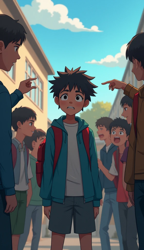 Youth go to school, friends surrounded him pointing fingers and laughing at him, sad young man, face down in fear, morning, blue sky