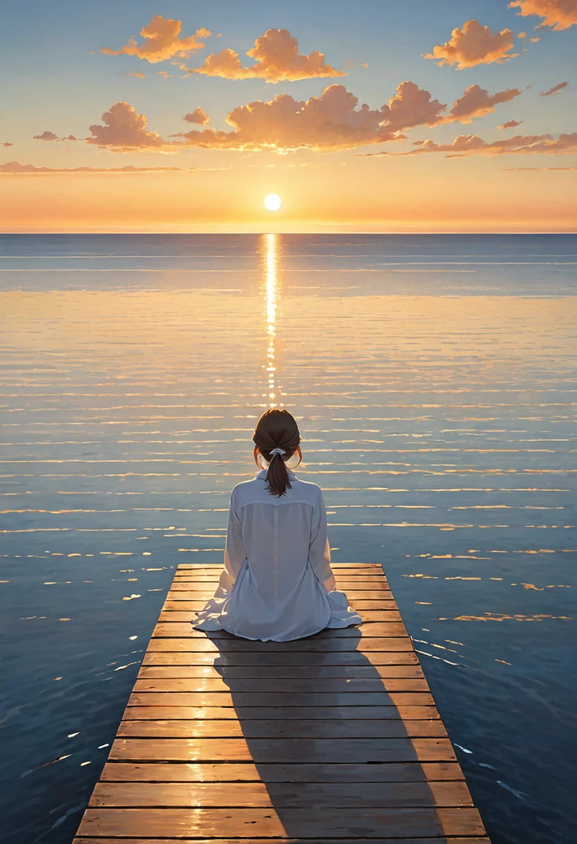 The image shows a person sitting on a wooden dock overlooking a body of water, likely an ocean or sea, during sunset. The individual is facing away from the camera, wearing a white long-sleeved shirt, and has their hair tied back. The sky is clear with a warm, golden hue from the setting sun, reflecting beautifully on the water. In the distance, small islands or landmasses can be seen on the horizon. The overall atmosphere of the image is calm and serene.