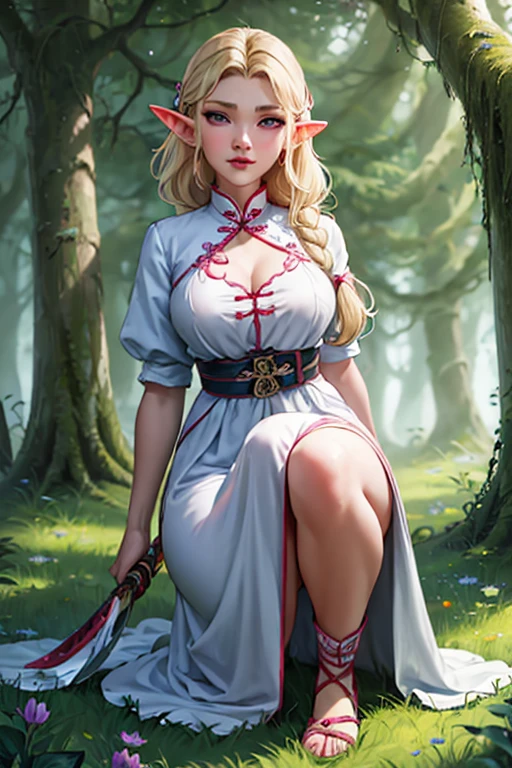 elegant fantasy female elf, masterpiece, best quality, extremely detailed and highly adorable face looking at viewer, 1 girl, belt, close-up, looking at viewer, 4k, highres, full body, long blonde braided hair, blue and white shirt, large bust, pink eyes, soft color palette, calm forest clearing background, holding thin blade sword, traditional chinese outfit