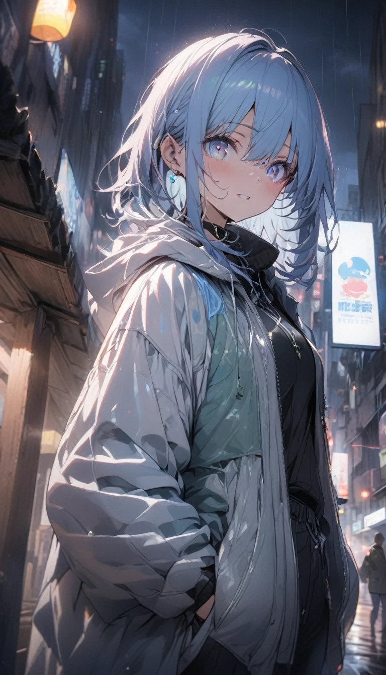 masterpiece, anime girl, short blue hair, light blue eyes, city at night, light rain, shelter, hands in pockets