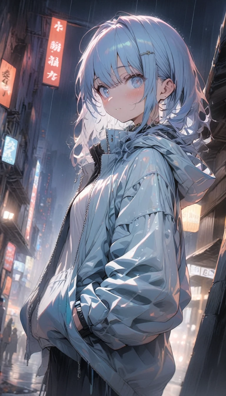 masterpiece, anime girl, short blue hair, light blue eyes, city at night, light rain, shelter, hands in pockets