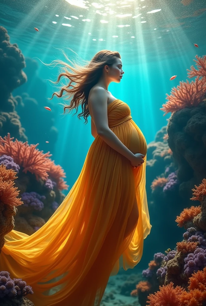 (((Waterline style))), (quite a bit body), realistic photograph of A very beautiful pregnant  woman, soaking, glowing amber dress, swimming, beautiful coral reef, blue sky,