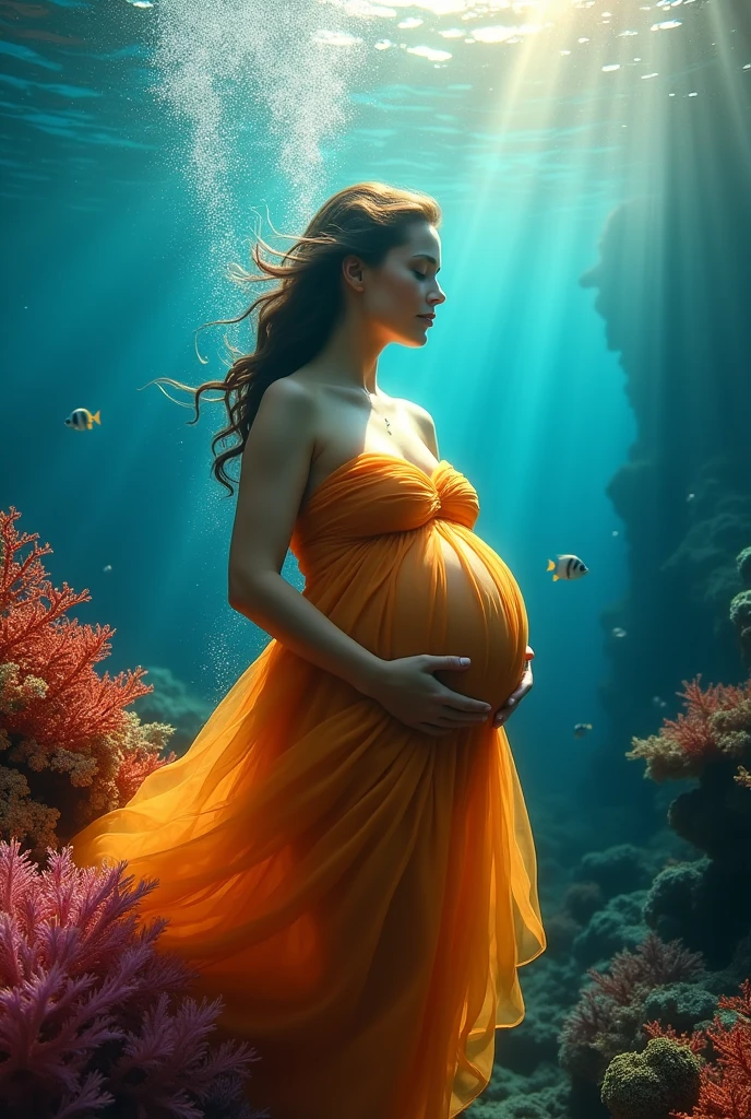 (((Waterline style))), (quite a bit body), realistic photograph of A very beautiful pregnant  woman, soaking, glowing amber dress, swimming, beautiful coral reef, blue sky,