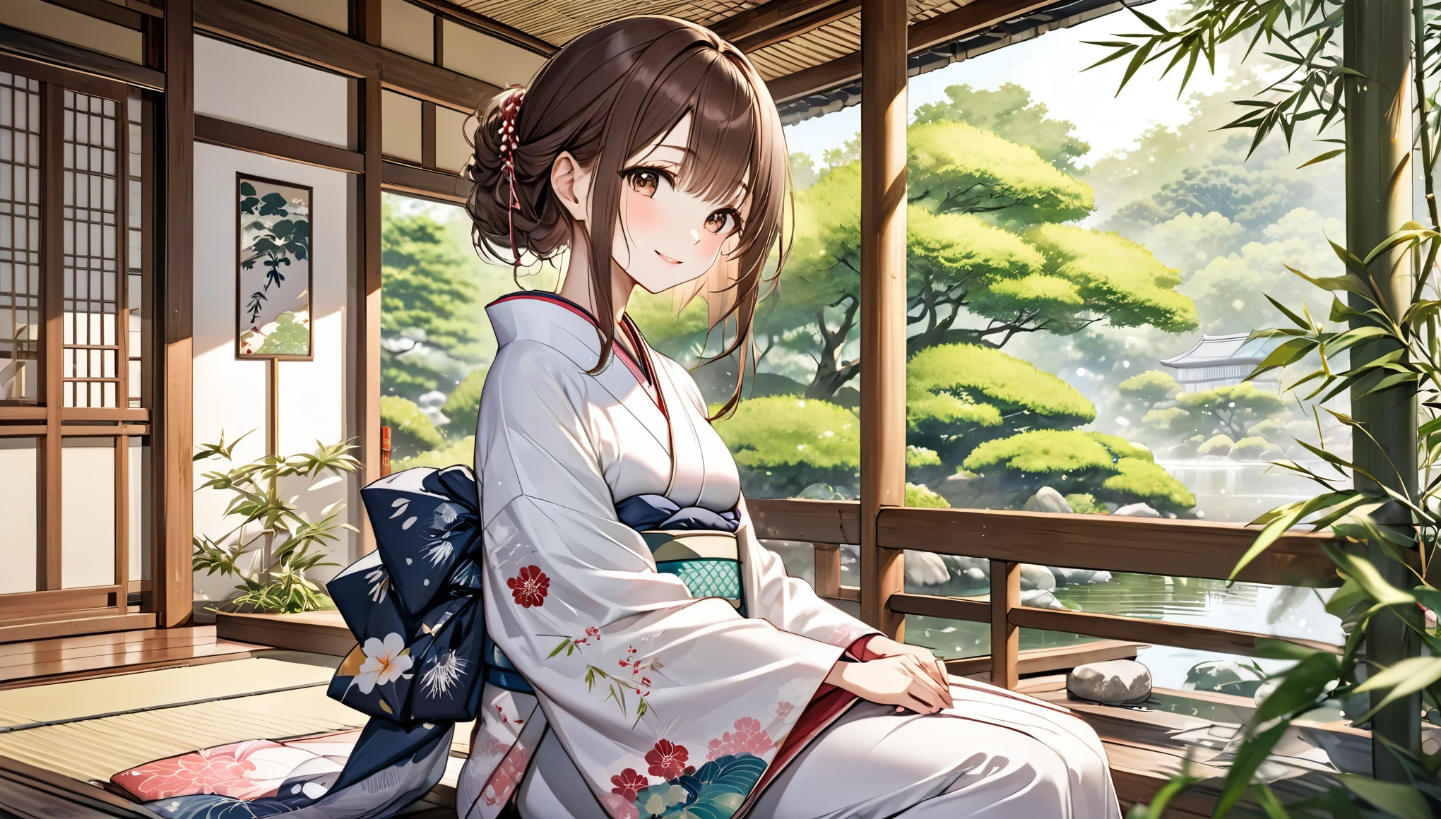 Brown Hair Girl、Japanese garden details、masterpiece, Highest quality, Light background:Expression of Japanese Garden:Clothes that make you feel relaxed and smile:Simple kimono pose:Sitting on the porch、View of the scenery:Bamboo swaying in the wind and the tranquility of the garden
(Detailed fingers), (Emotional), (Breathtakingly beautiful), (main part:1.2 Whole body), (Anime Style), (Very detailed), (超High resolution, High resolution), (8k), (Complex and beautiful: 1.2)