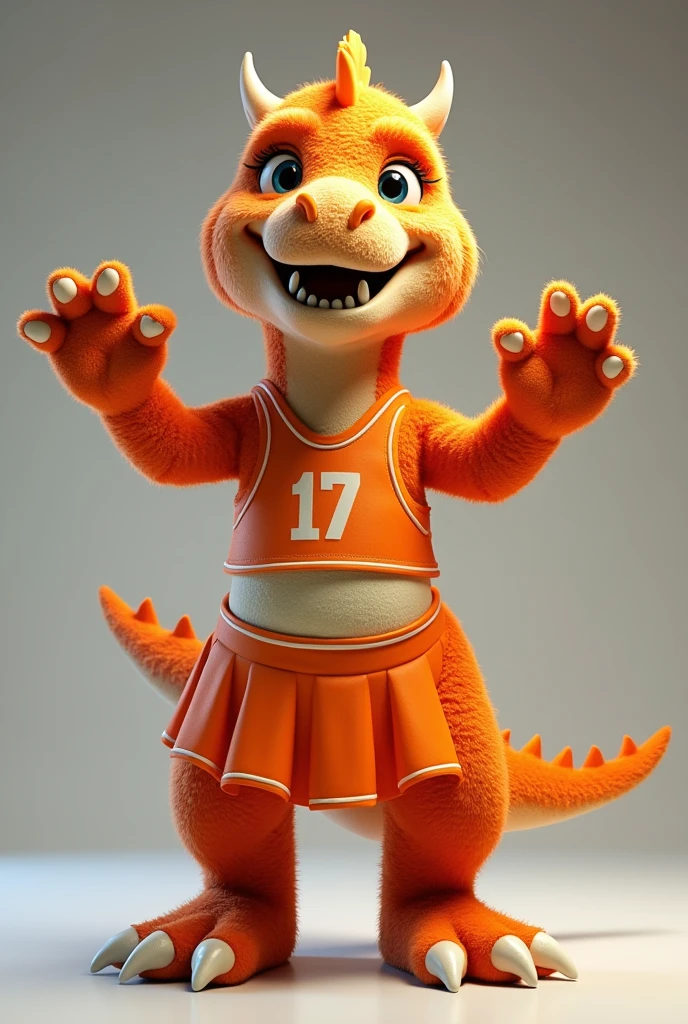 make a furry dinosaur cheerleading costume from those basketball team cheerleaders, but make this one volleyball, and the cute orange color