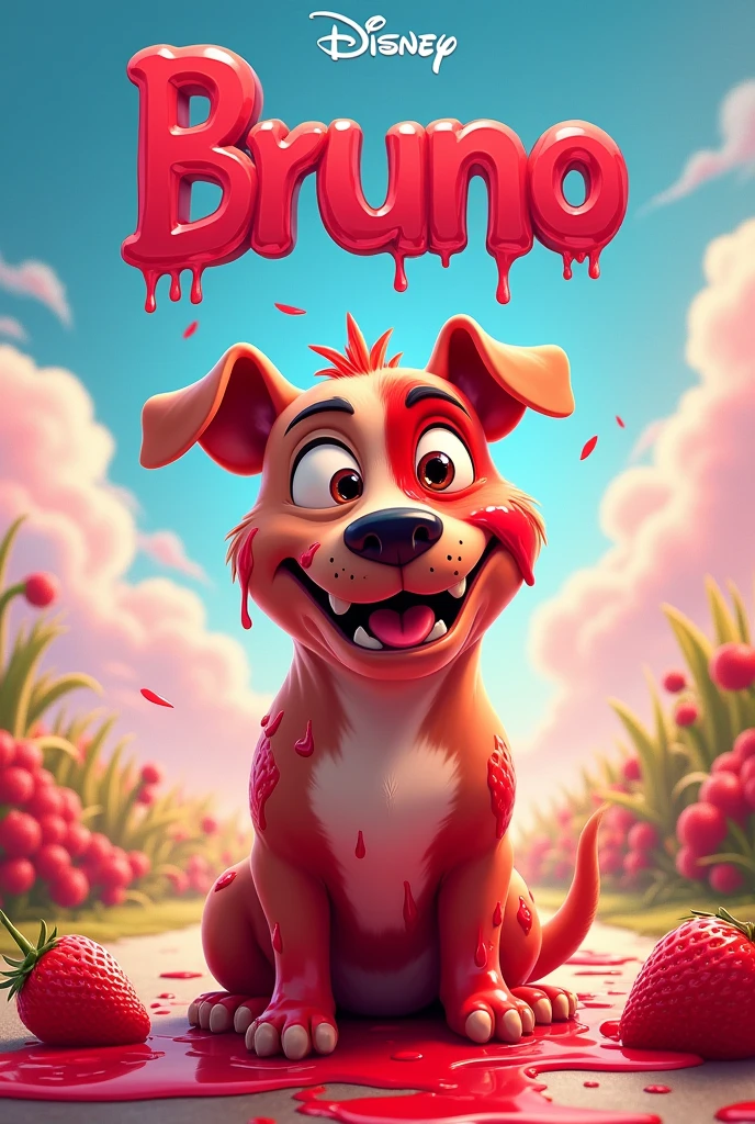 Disney movie poster with Pitbull dog covered in strawberry juice written as title "Bruno"