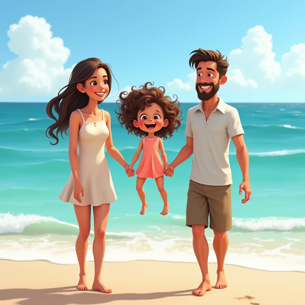 A beach. crystalline waters. In the foreground a girl with two men holding hands. The style of the image Pixar cartoons. The age of the girl is one year old. The characters in front. The girl has curly hair.