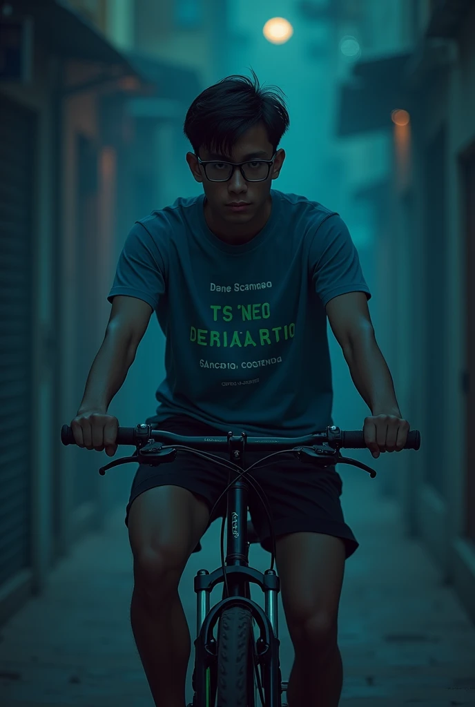 Create a dark man, with short black hair. He wears square glasses. He's riding a bike. He wears black shorts and a blue shirt.. The shirt says ITABIKE. em cima dele de as palavra I&#39;M SORRY. I KNOW I WAS WRONG. I AM IRRESPONSIBLE. I&#39;M SORRY. They are written in Brazilian Portuguese. Make it like a poster 