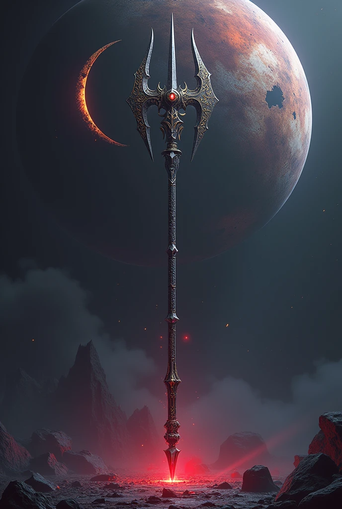 Halberd of hell abbys, halberd super detailed((search image of halberd for reverence)),1,8 meter halberd Long,human long halberd,halberd head is slimmer,have a long spike at head weapon,the spear tip long on top,long ,abbys aura,dark abbys,crescent moon halberd featuring,mysterious red and purple dark halberd,planet shatter at background,planet shatter detailed,the planet split in two part background, destruction planet detailed,planet split,moon split and broken((image for planet split in two part)),silver pattern and golden rune around,abbys dark,dark style,evil ways, demonic God weaponery,evil background,destruction everywhere, ultra hd,24K ultra hd, better quality, masterpiece, ultra realistic halberd